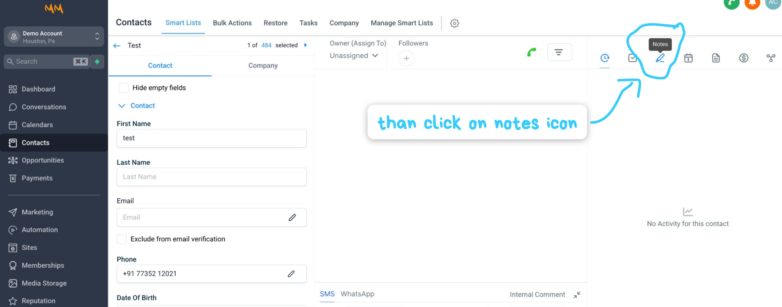 Viewing Contact Notes